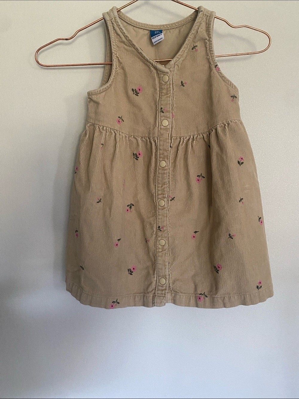 Old Navy Tan Corduroy Dress with Pink Floral Embroidery